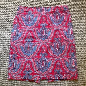 JCrew feather/paisley on pink, cotton stretch, lined, pencil skirt. Size 4.